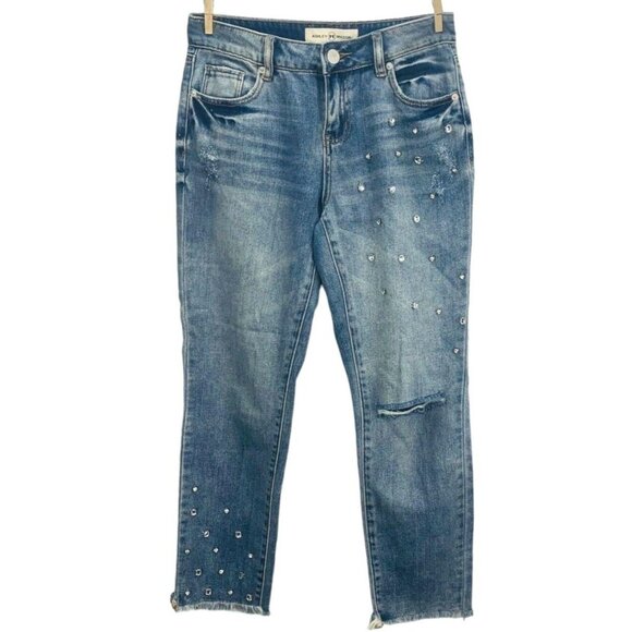 Ashley Mason Juniors Embellished Jeans High Rise Relaxed Frayed Hem Gems Size 1 - Picture 2 of 11